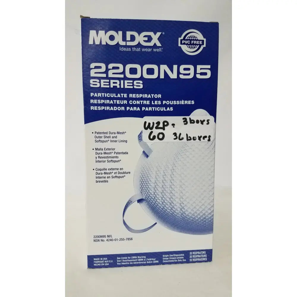 Blue and white box containing moldex 2200 n95 series particulate respirator medium large for effective protection