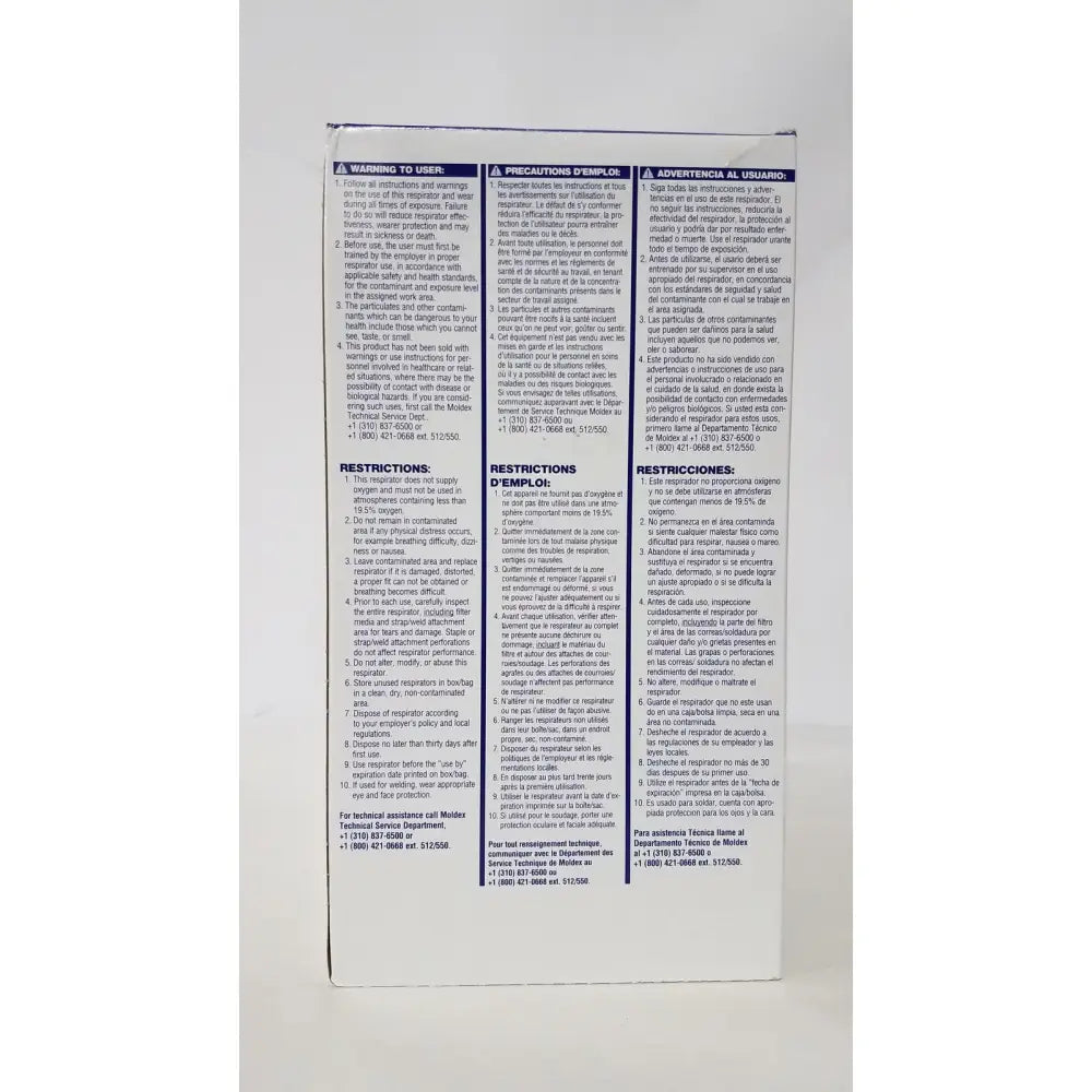 Back side of moldex 2200 n95 2-part particulate respirator medium large showing multilingual safety warnings and restrictions