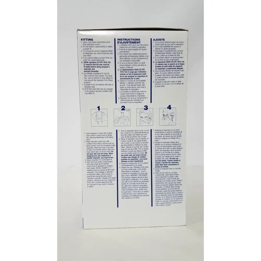 Instruction manual with black text on white paper for moldex 2200 n95 particulate respirator medium large in multiple languages
