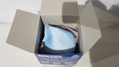 Light blue breathable mesh moldex n95 respirator surgical mask with brown elastic strap and black nose bridge