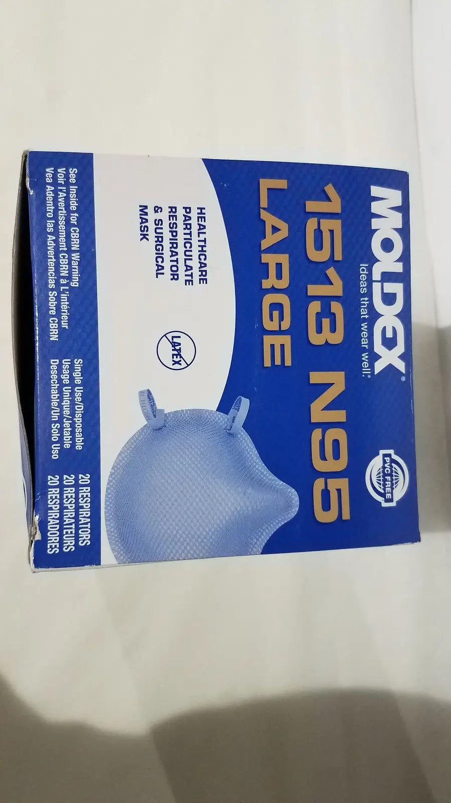 Blue and white box of moldex n95 respirator surgical mask featuring high filtration for healthcare use large size