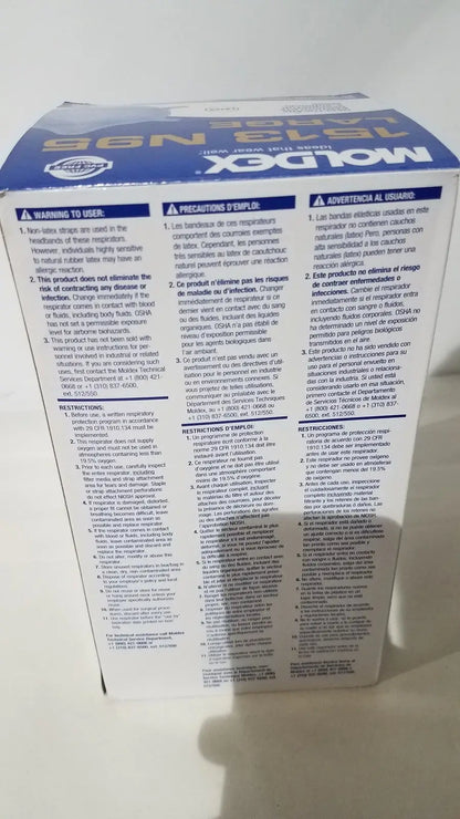 Back side of moldex n95 respirator surgical mask warning label with multilingual text for high filtration use