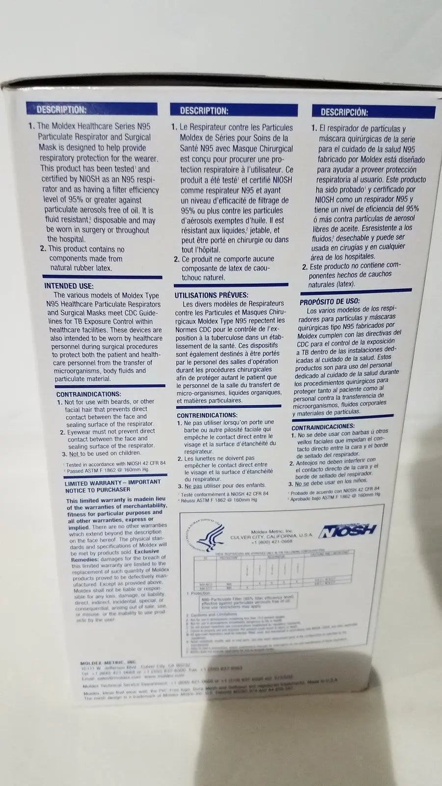 The back side of a moldex n95 respirator surgical mask technical document with multilingual descriptions and specifications