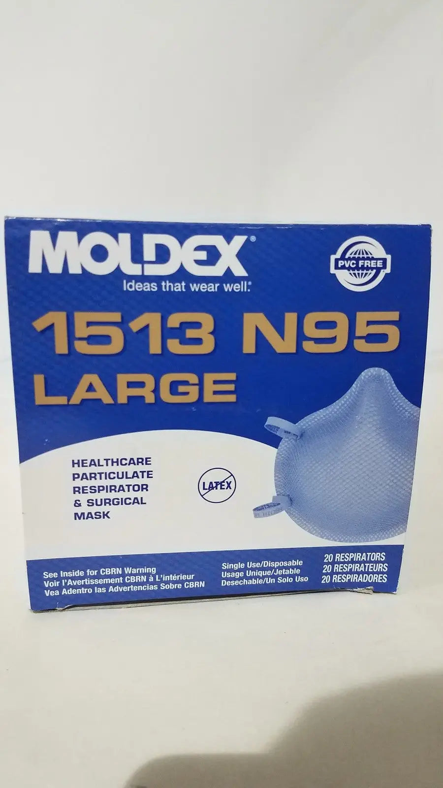 Blue moldex n95 respirator surgical mask box showing large healthcare particulate high filtration mask type