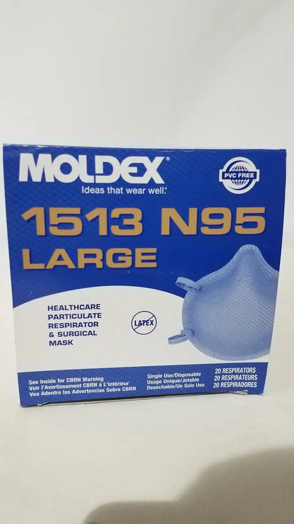 Blue moldex n95 respirator surgical mask box showing large healthcare particulate high filtration mask type