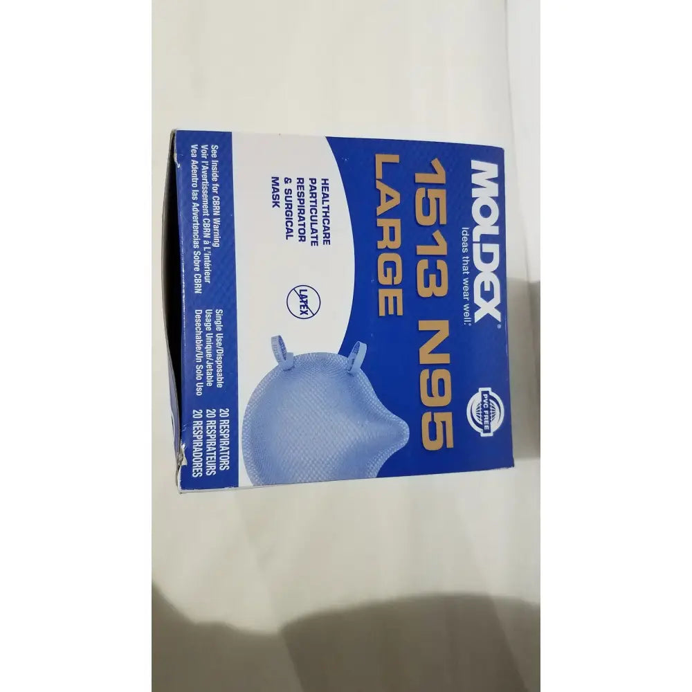 Blue and white box of moldex n95 respirator surgical mask featuring high filtration for healthcare use large size