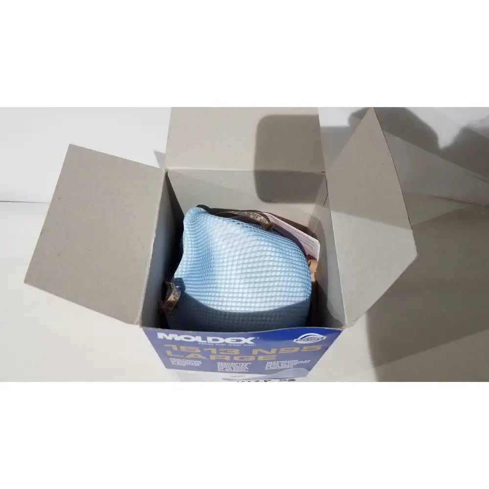 Light blue breathable mesh moldex n95 respirator surgical mask with brown elastic strap and black nose bridge