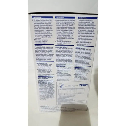 The back side of a moldex n95 respirator surgical mask technical document with multilingual descriptions and specifications