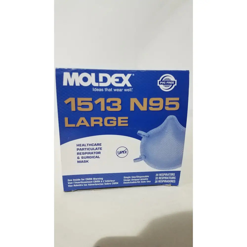 Blue moldex n95 respirator surgical mask box showing large healthcare particulate high filtration mask type