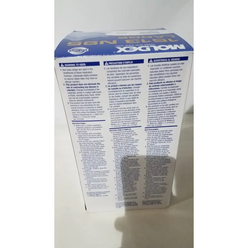 Back side of moldex n95 respirator surgical mask warning label with multilingual text for high filtration use