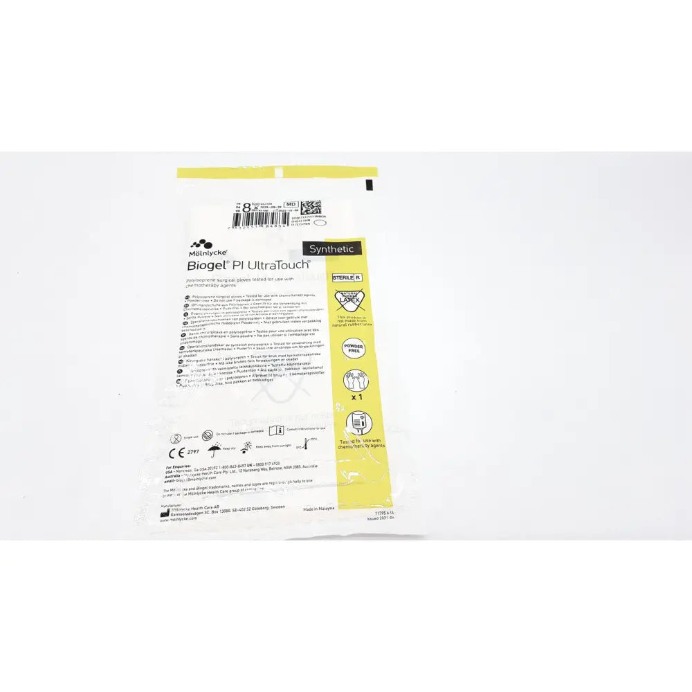 Yellow and white packaged sterile synthetic surgical gloves molnlycke biogel pi ultratouch g size 8 box of 50