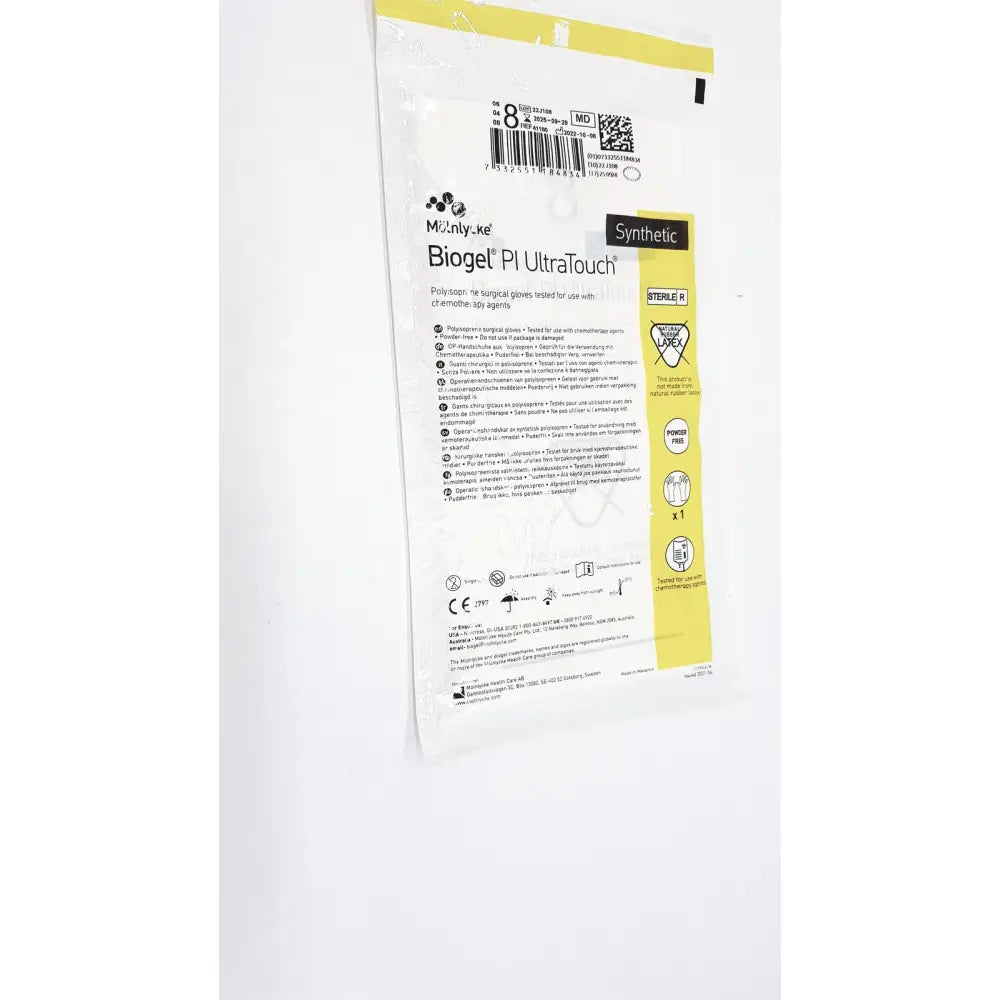 Yellow and white packaged sterile surgical gloves made of synthetic material molnlycke biogel pi ultratouch g size 8 box of 50