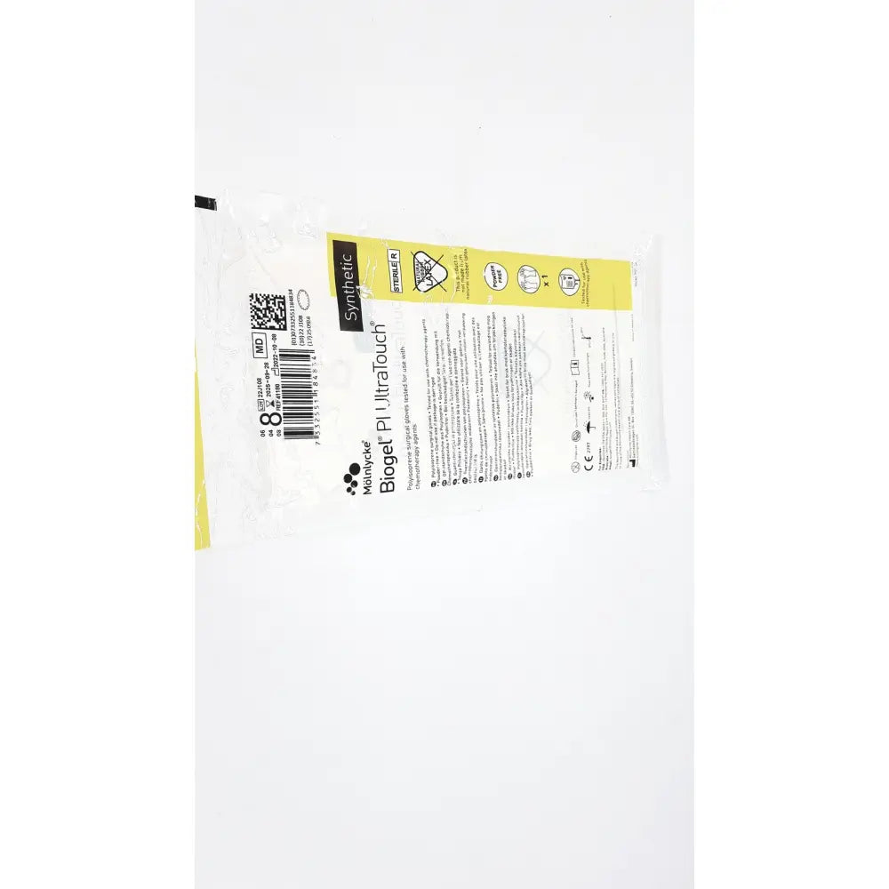 A single sterile white molnlycke biogel pi ultratouch ultratouch g size 8 surgical glove in clear packaging with yellow label