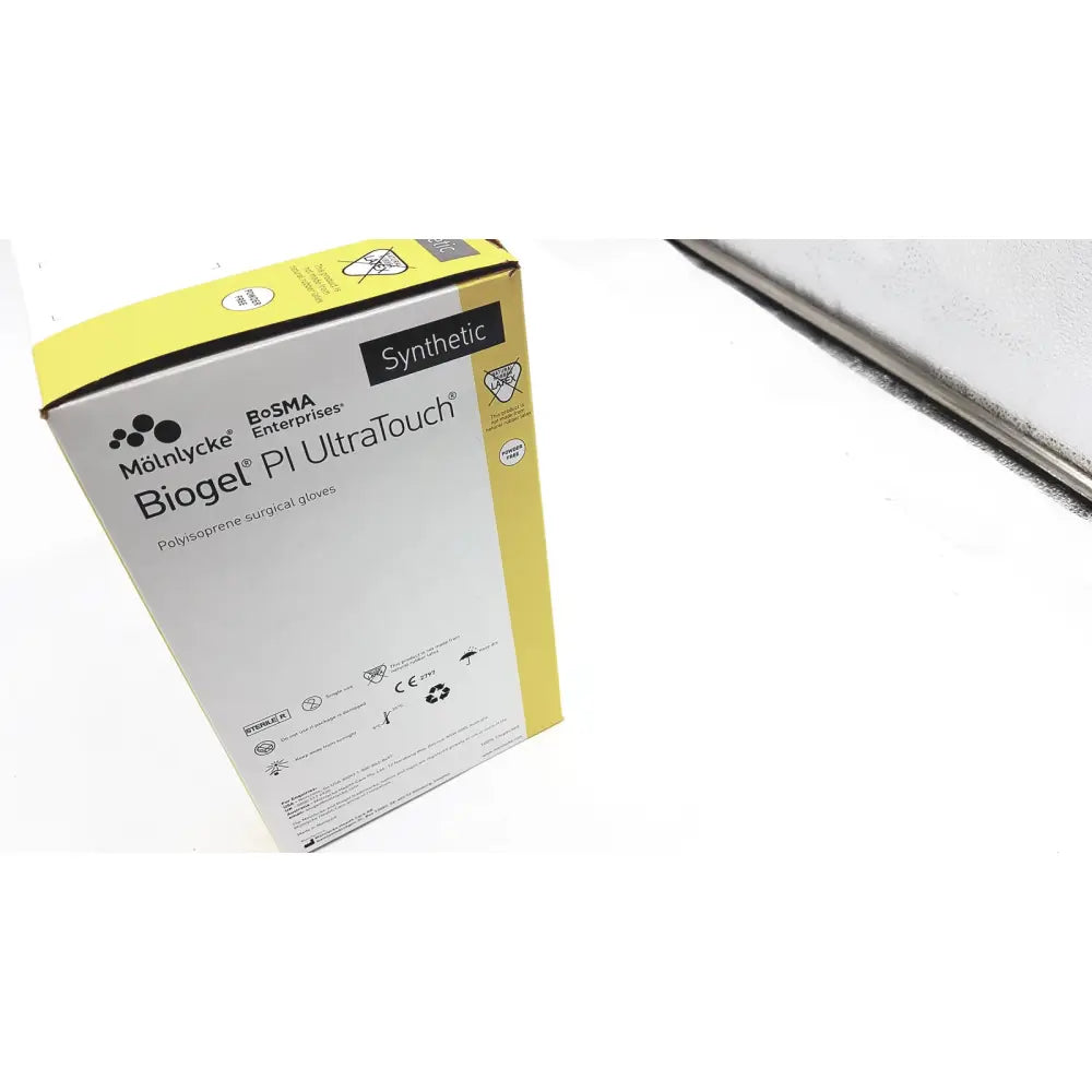 Yellow and white box of molnlycke biogel pi ultratouch polyisoprene surgical gloves ultratouch g size 8 box of 50