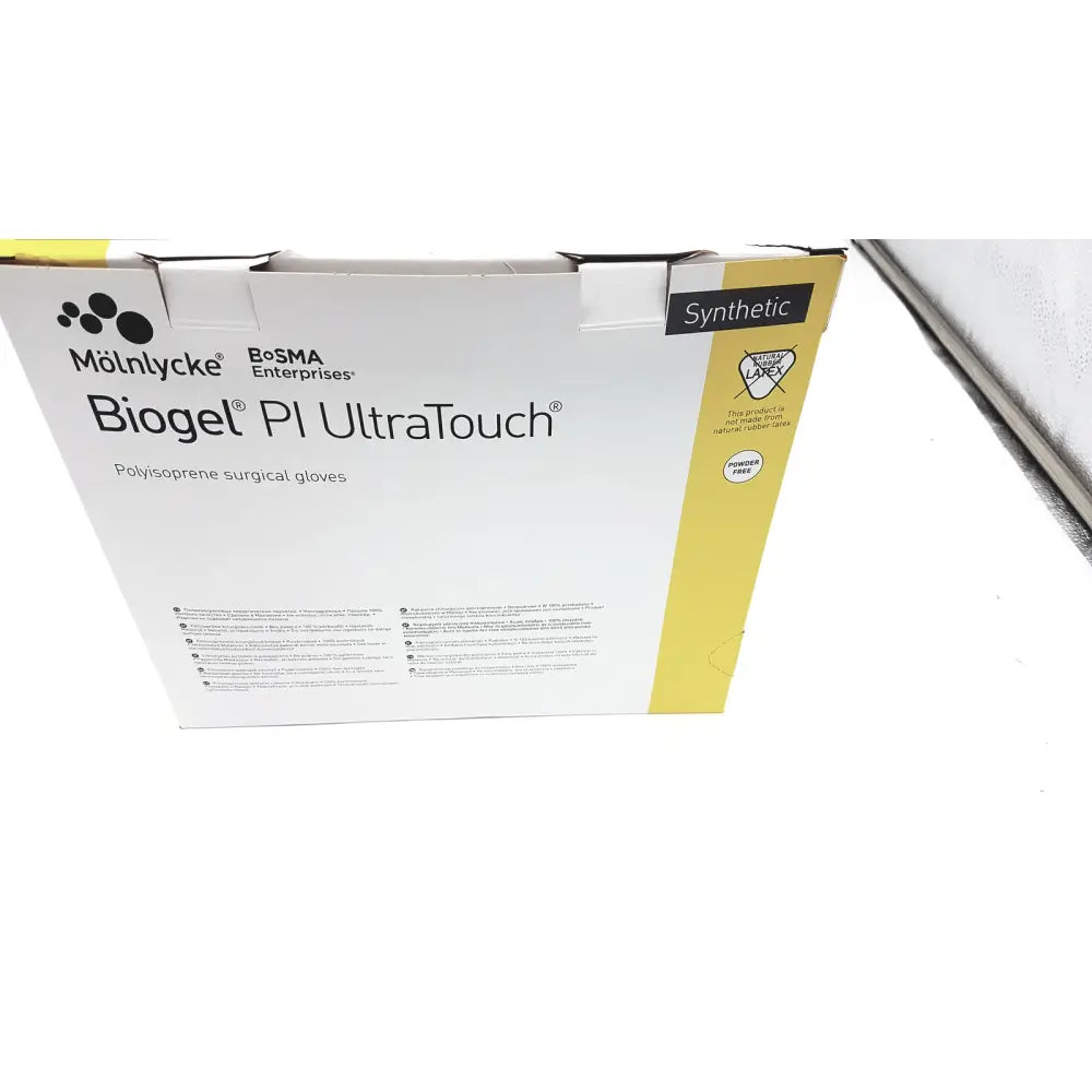 White and yellow box of molnlycke biogel pi ultratouch polyisoprene surgical gloves ultratouch g size 8 box of 50