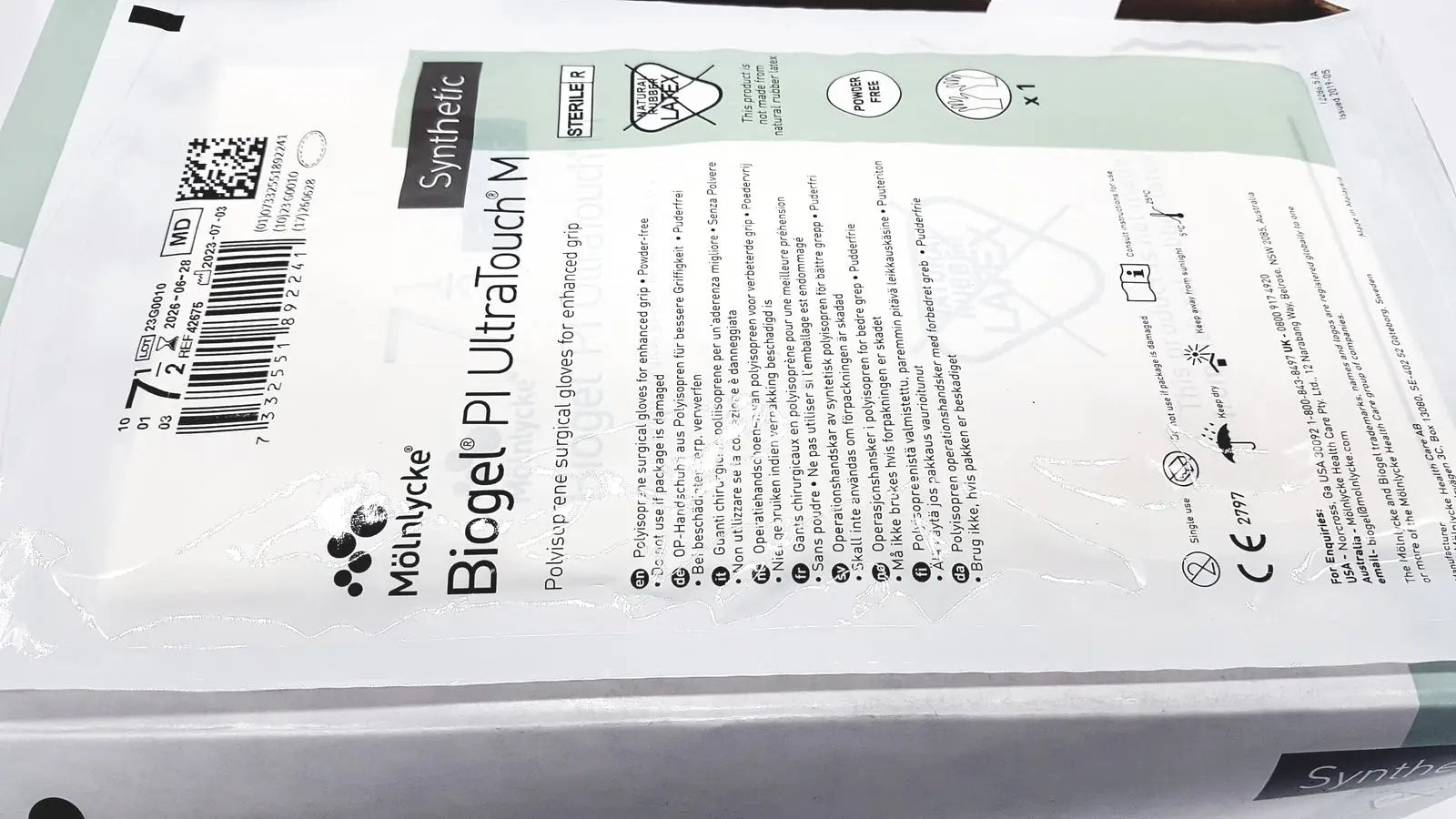 Molnlycke Biogel PI UltraTouch M Ref: 71-ML-42675 Qty 50 Pairs Size 7 1/2 Surgical Gloves, new product photo 3