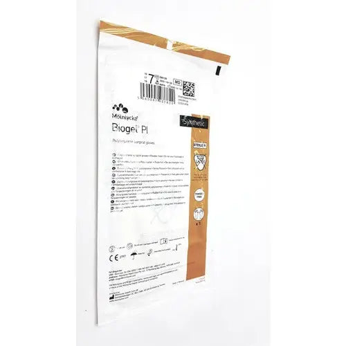 White and beige plastic packaging for molnlycke biogel pl surgical gloves size 7 with biogel pi non-surgical gauze labeling