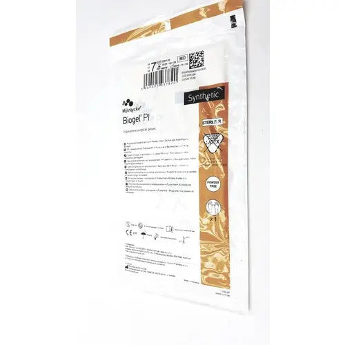 Molnlycke biogel pl surgical gloves size 7 in white and gold packaging made from synthetic material for medical use