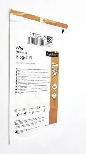 White and beige plastic packaging for molnlycke biogel pl surgical gloves size 7 with biogel pi non-surgical gauze labeling