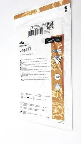 Molnlycke biogel pl surgical gloves size 7 in white and gold packaging made from synthetic material for medical use