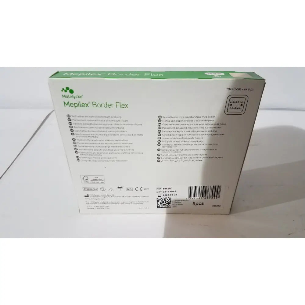 Green and white box of molnlycke mepilex border flex 4x4 soft silicone foam dressing for wound care