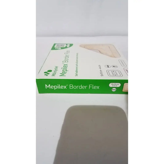 Green and white box of molnlycke mepilex border flex 4x4 soft silicone foam dressing shown in packaging