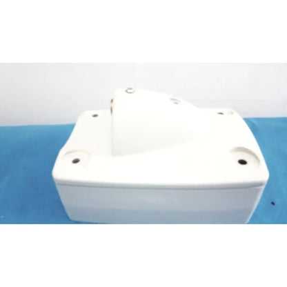 White plastic mounting arm plastic bracket with rounded corners and four circular holes for monitor mounting arm use
