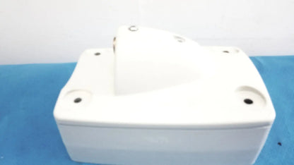 White plastic mounting arm plastic bracket with rounded corners and four circular holes for monitor mounting arm use