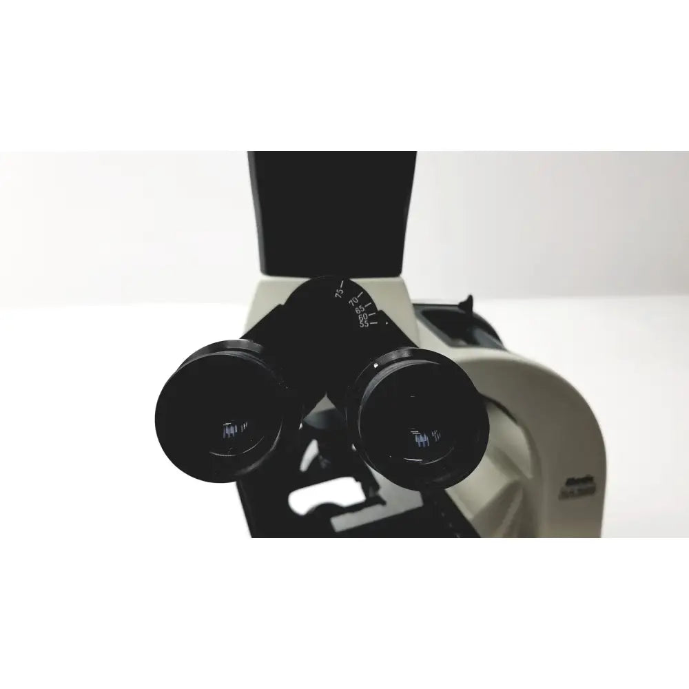 Black binocular eyepieces with silver metallic accents and engravings on the motic ba300 biological microscope