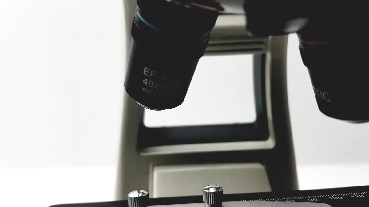 Black microscope objective lenses engraved ef 40x and infinity mounted on metallic stage of motic ba300 biological microscope tested