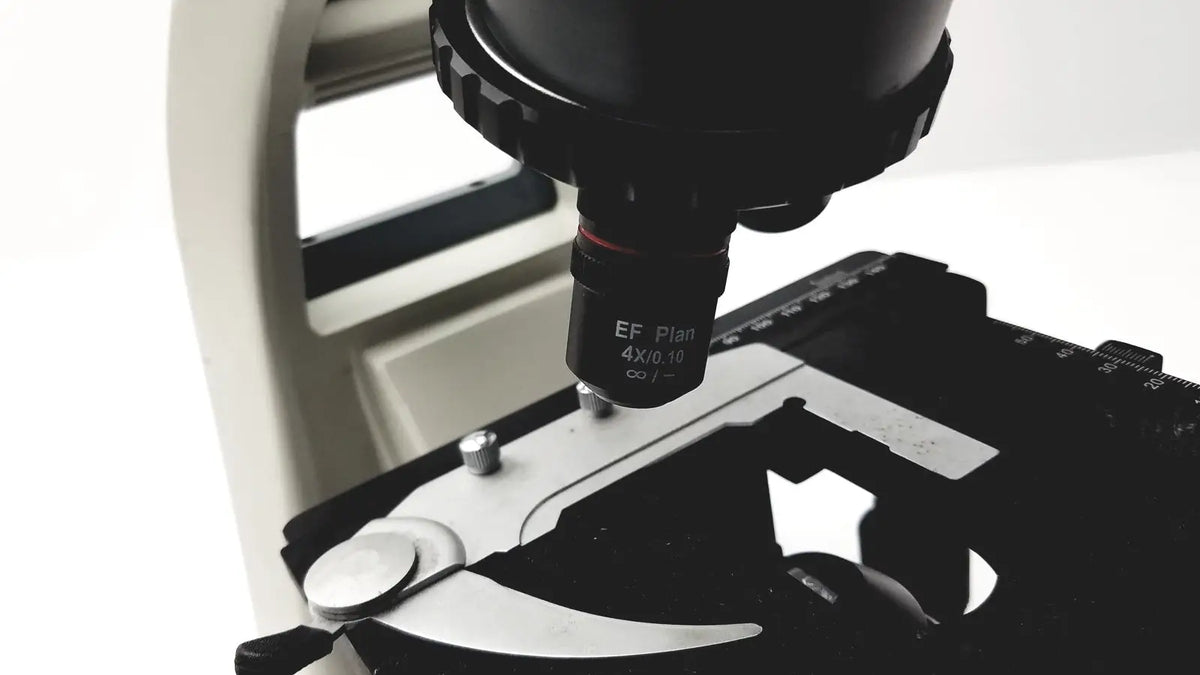 Black ef plan 4x/0.10 objective lens mounted on metallic stage of motic ba300 biological microscope tested model