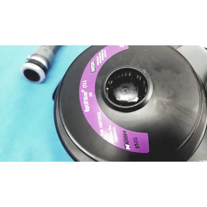 Black n95 respirator filter with purple label and model number 2320 for msa optimair tl papr blower unit and battery