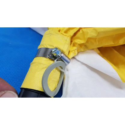 Yellow fabric-covered umbrella handle secured with silver metal clamp and gray plastic ring on msa yellow safety respirator hood