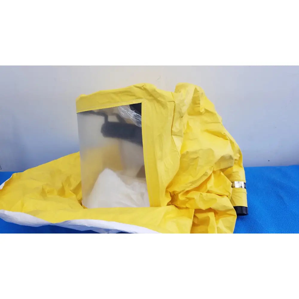 Msa yellow safety respirator s-cap hood in yellow protective hazmat suit with clear face shield and white trim