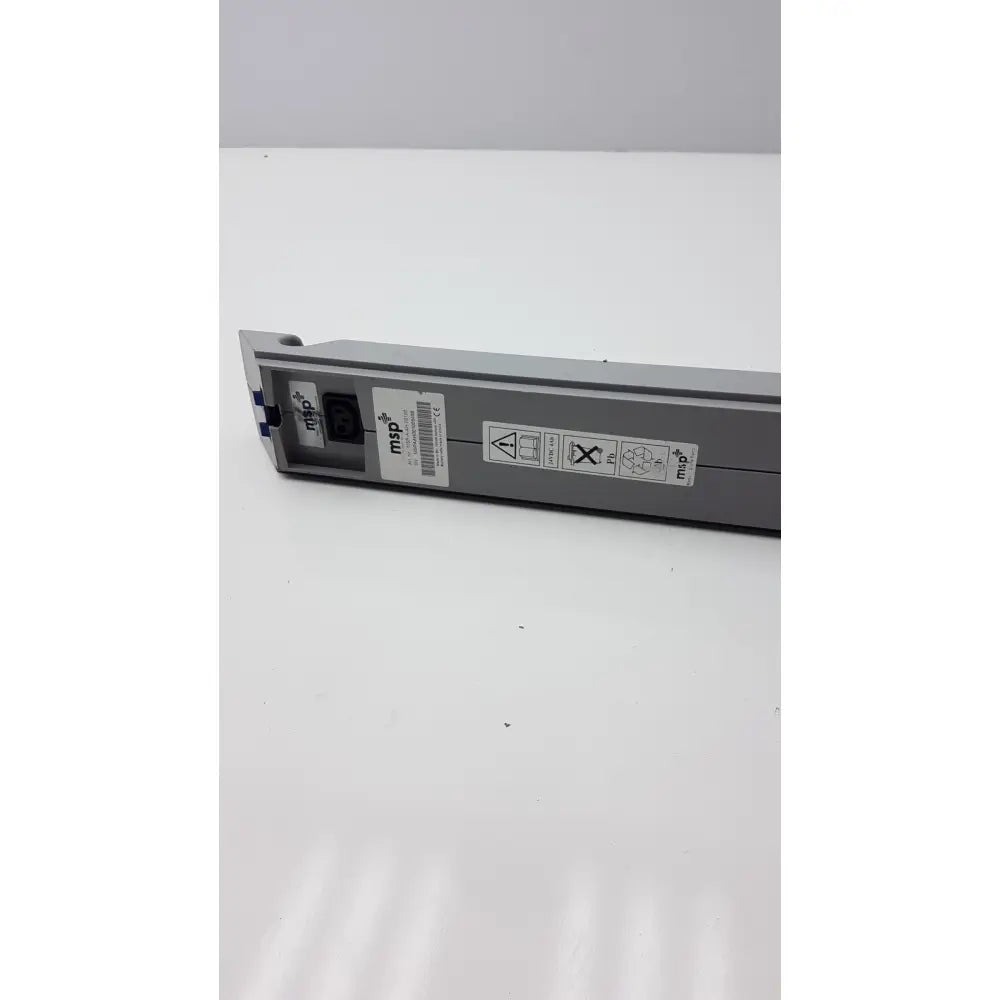 Gray rectangular msp battery 24v dc 4ah with matte finish and multiple warning labels for ARJO models NDA0100-03 and NDA0100-20