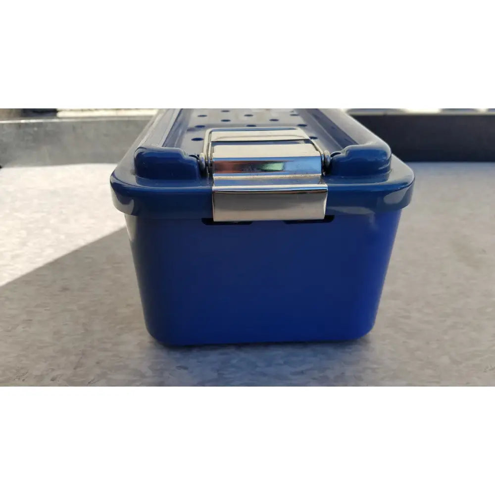 Blue plastic MultiPak 5006-02-000P sterilization tray with silver metal latch and rounded corners for medical use