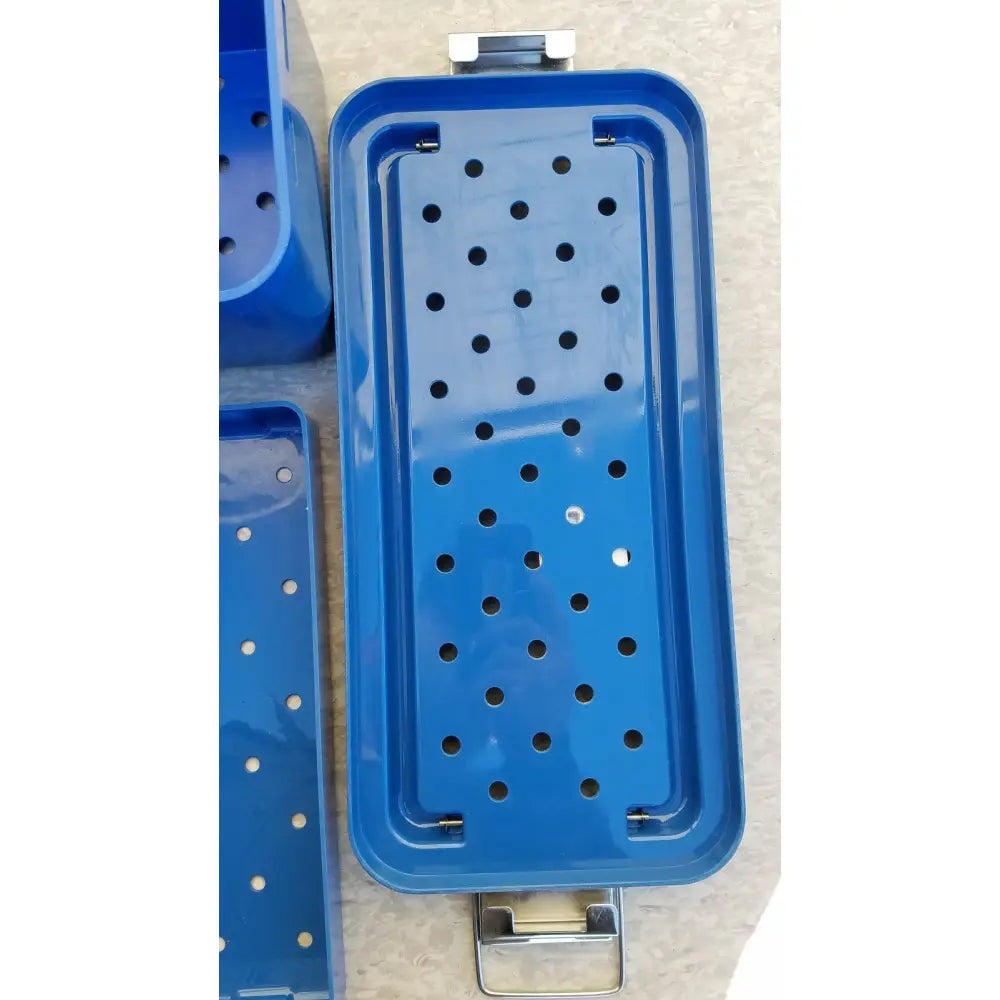 Blue rectangular metal multiPak 5006-02-000p plastic sterilization tray with perforated surface and silver latches