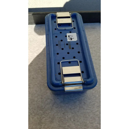 Blue plastic sterilization tray multipak 5006-02-000p with silver metal latches and white label marked 47