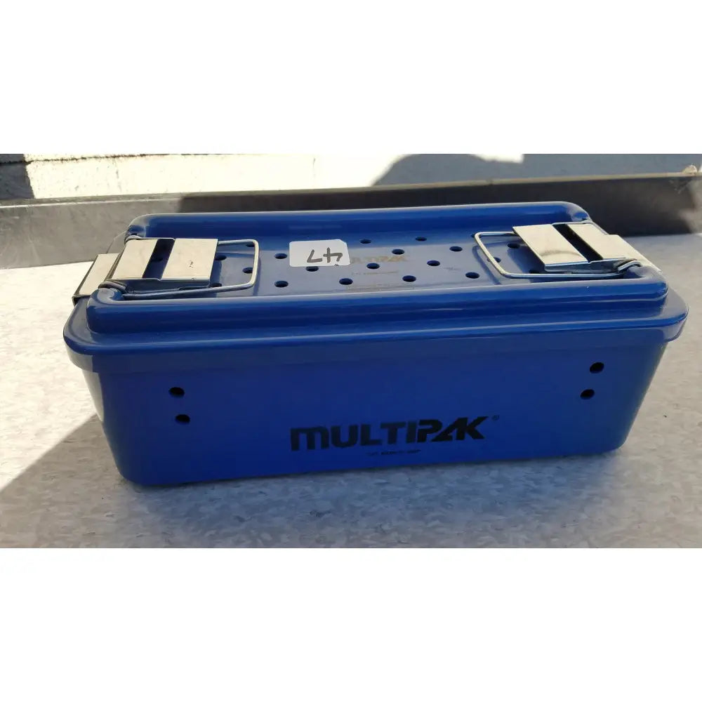 Blue plastic multipak 5006-02-000p sterilization tray with silver metal latches and perforated lid for medical use