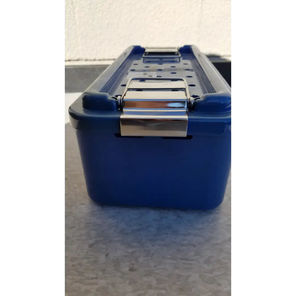 Blue plastic multipak 5006-02-000p tool box with silver metal latch and handle for plastic sterilization tray use