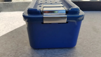Blue plastic MultiPak 5006-02-000P sterilization tray with silver metal latch and rounded corners for medical use