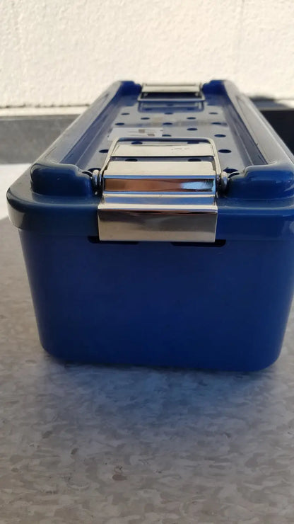 Blue plastic multipak 5006-02-000p tool box with silver metal latch and handle for plastic sterilization tray use