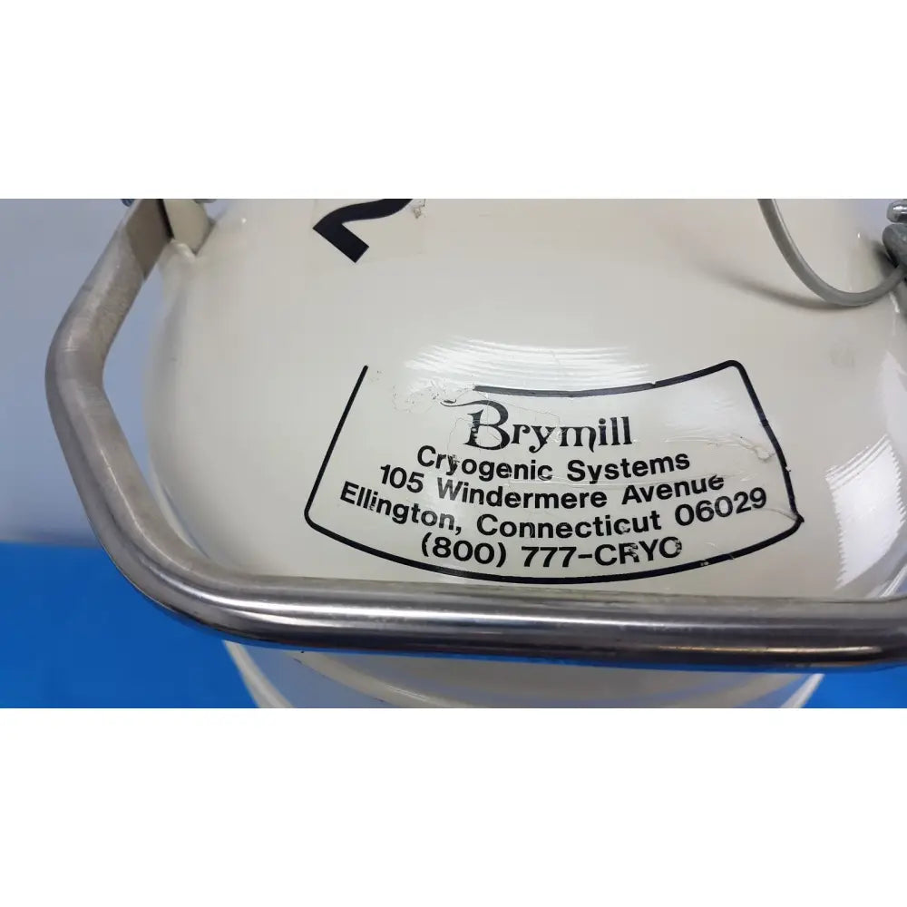 White ceramic mve lab 10 liter liquid nitrogen dewar with silver metal handle and black printed label