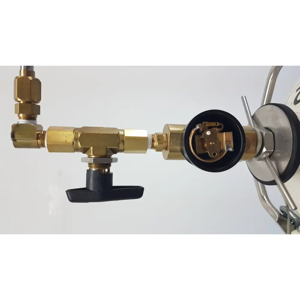 Gold-colored brass gas valve with black handle and threaded connections on mve lab 10 liter liquid nitrogen dewar withdrawal device