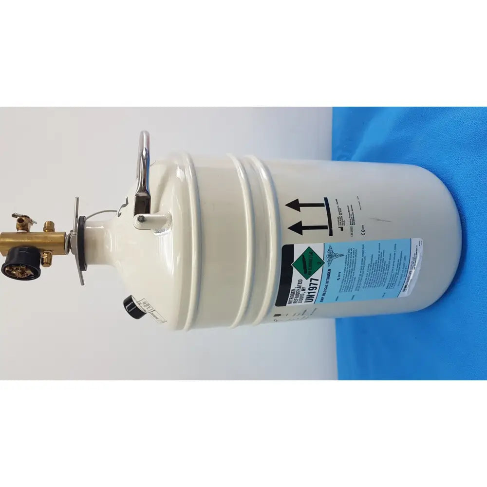 Cream-colored mve lab 10 liter liquid nitrogen dewar with brass valve assembly and black fittings for secure storage