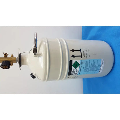 Cream-colored mve lab 10 liter liquid nitrogen dewar with brass valve assembly and black fittings for secure storage