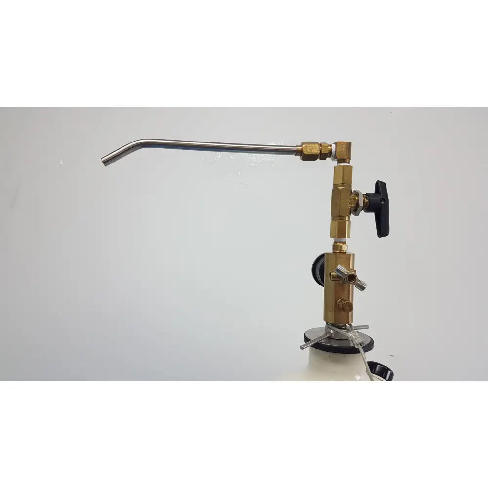Brass gas regulator with black handle and silver nozzle mounted on white mve lab 10 liter liquid nitrogen dewar tank