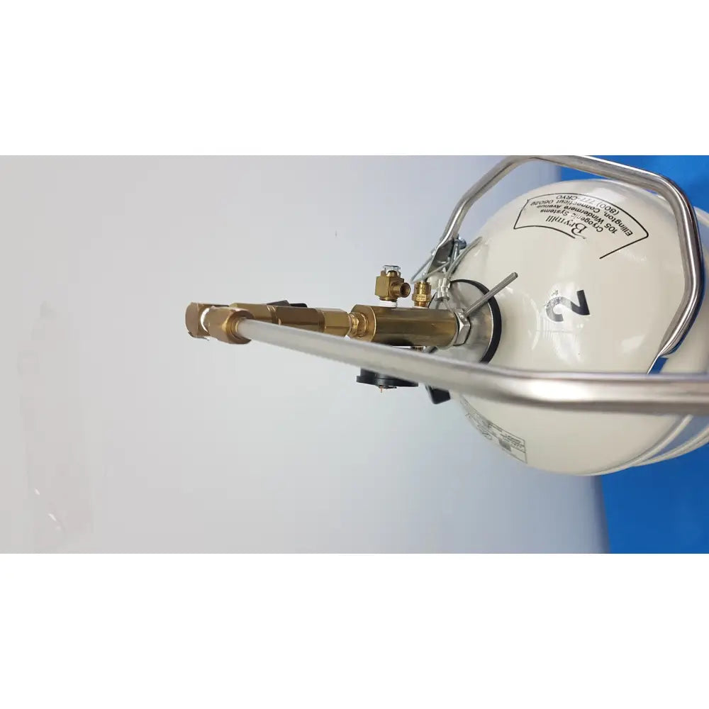 White cylindrical mve lab 10 liter liquid nitrogen dewar with brass fittings and silver metal frame for secure storage