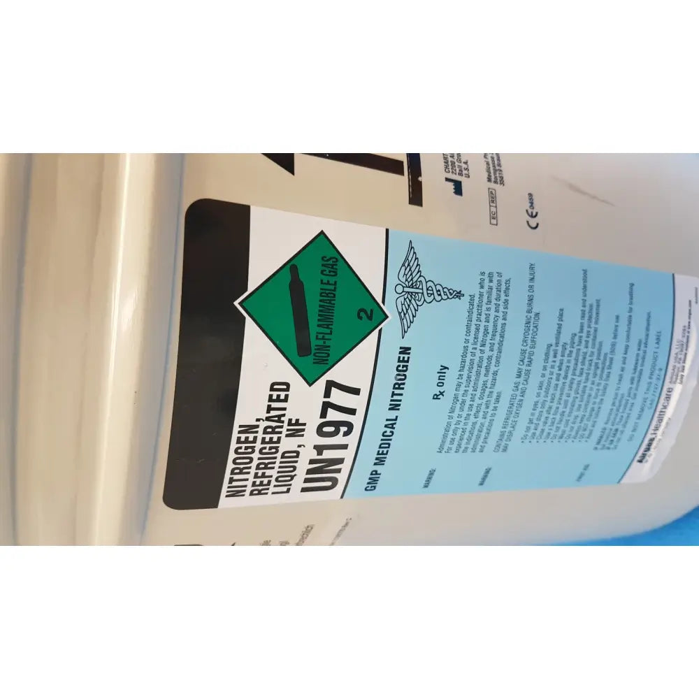 White cylindrical mve lab 10 liter liquid nitrogen dewar with withdrawal device labeled non-flammable gas un1977