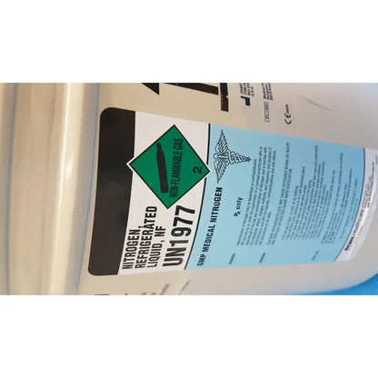 White cylindrical mve lab 10 liter liquid nitrogen dewar with withdrawal device labeled non-flammable gas un1977